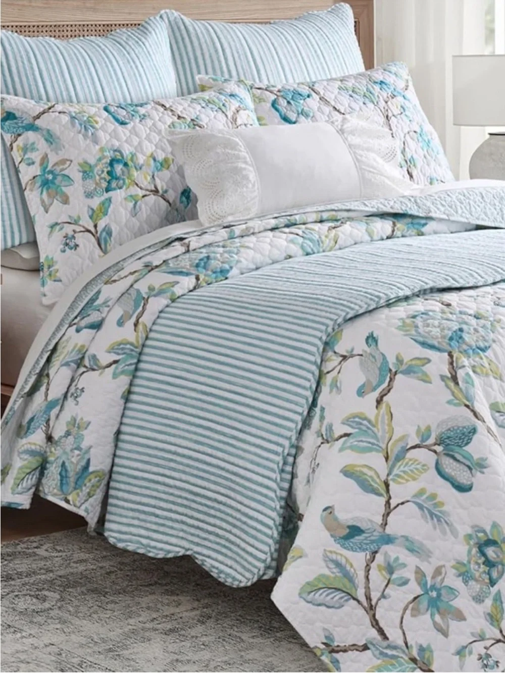 🆕 PB Style Blue & White Striped Cotton Quilt Coverlet Scalloped Trim Set NWT